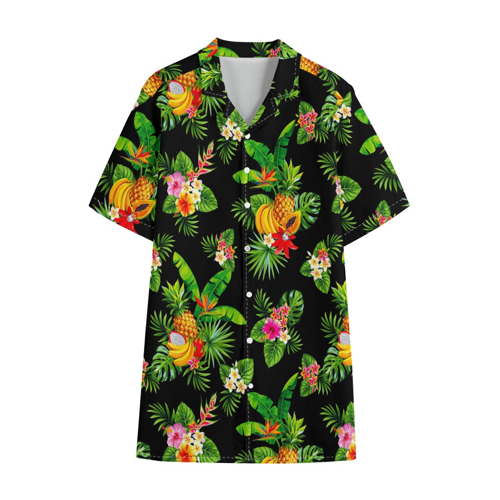 Black Tropical Hawaiian Pattern Print Cotton Hawaiian Shirt