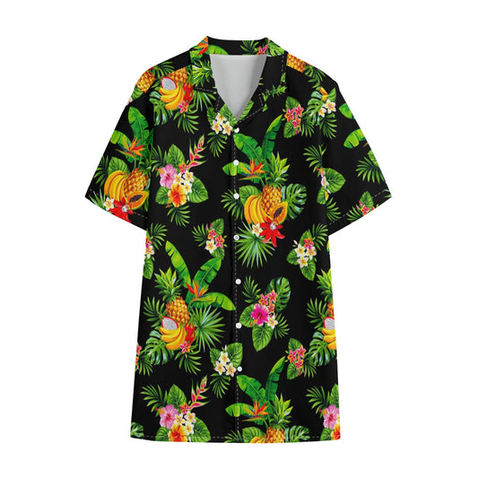 Black Tropical Hawaiian Pattern Print Cotton Hawaiian Shirt