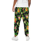 Black Tropical Hawaiian Pattern Print Cotton Pants