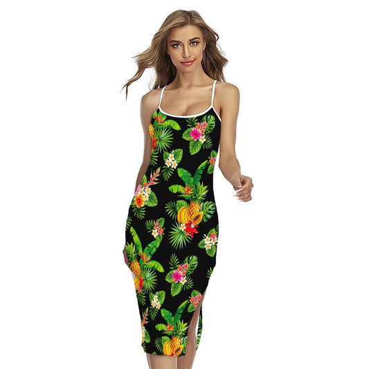 Black Tropical Hawaiian Pattern Print Cross Back Cami Dress