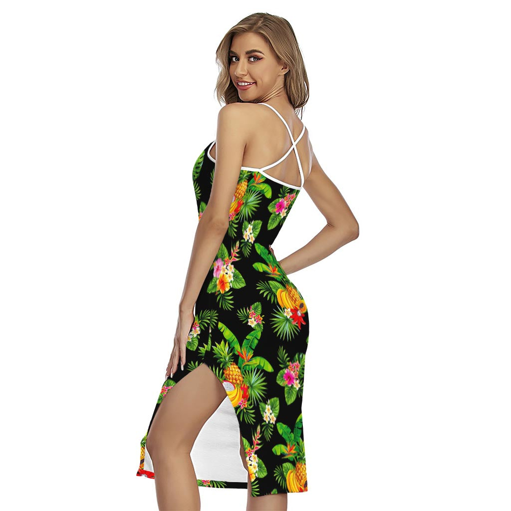 Black Tropical Hawaiian Pattern Print Cross Back Cami Dress