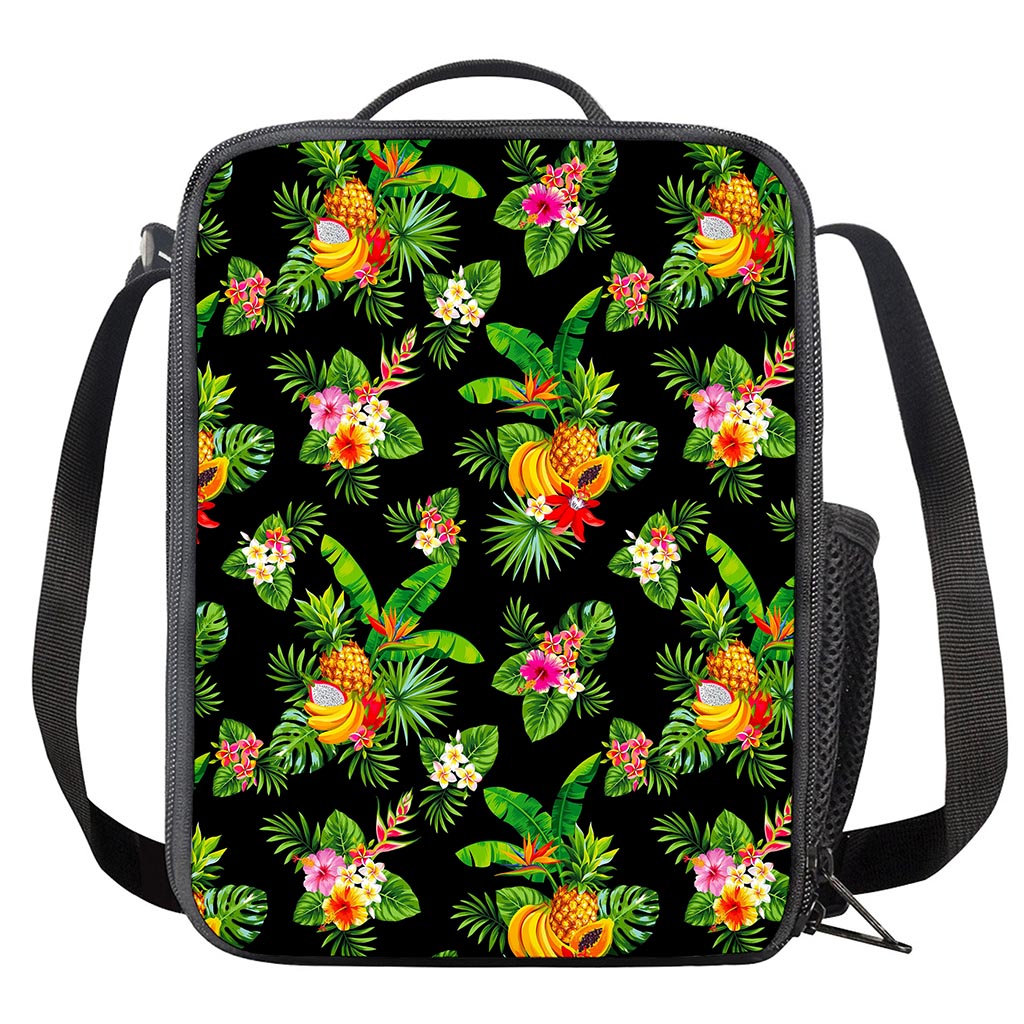 Black Tropical Hawaiian Pattern Print Crossbody Lunch Bag
