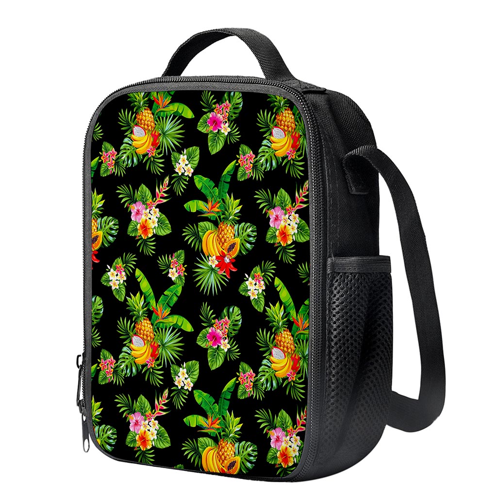 Black Tropical Hawaiian Pattern Print Crossbody Lunch Bag
