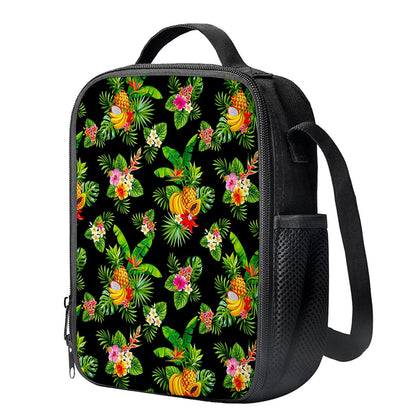 Black Tropical Hawaiian Pattern Print Crossbody Lunch Bag