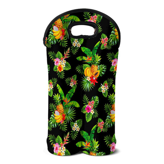 Black Tropical Hawaiian Pattern Print Double Neoprene Wine Tote