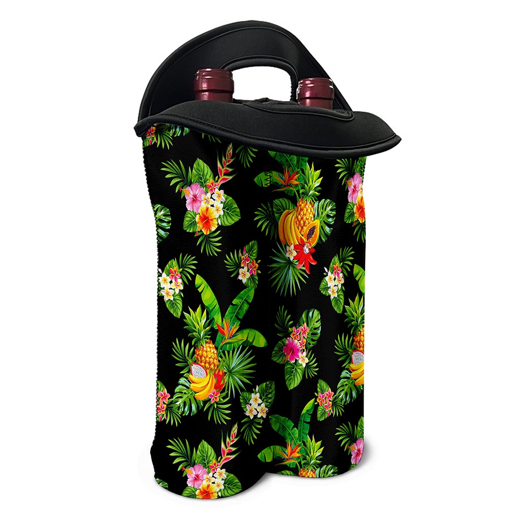 Black Tropical Hawaiian Pattern Print Double Neoprene Wine Tote