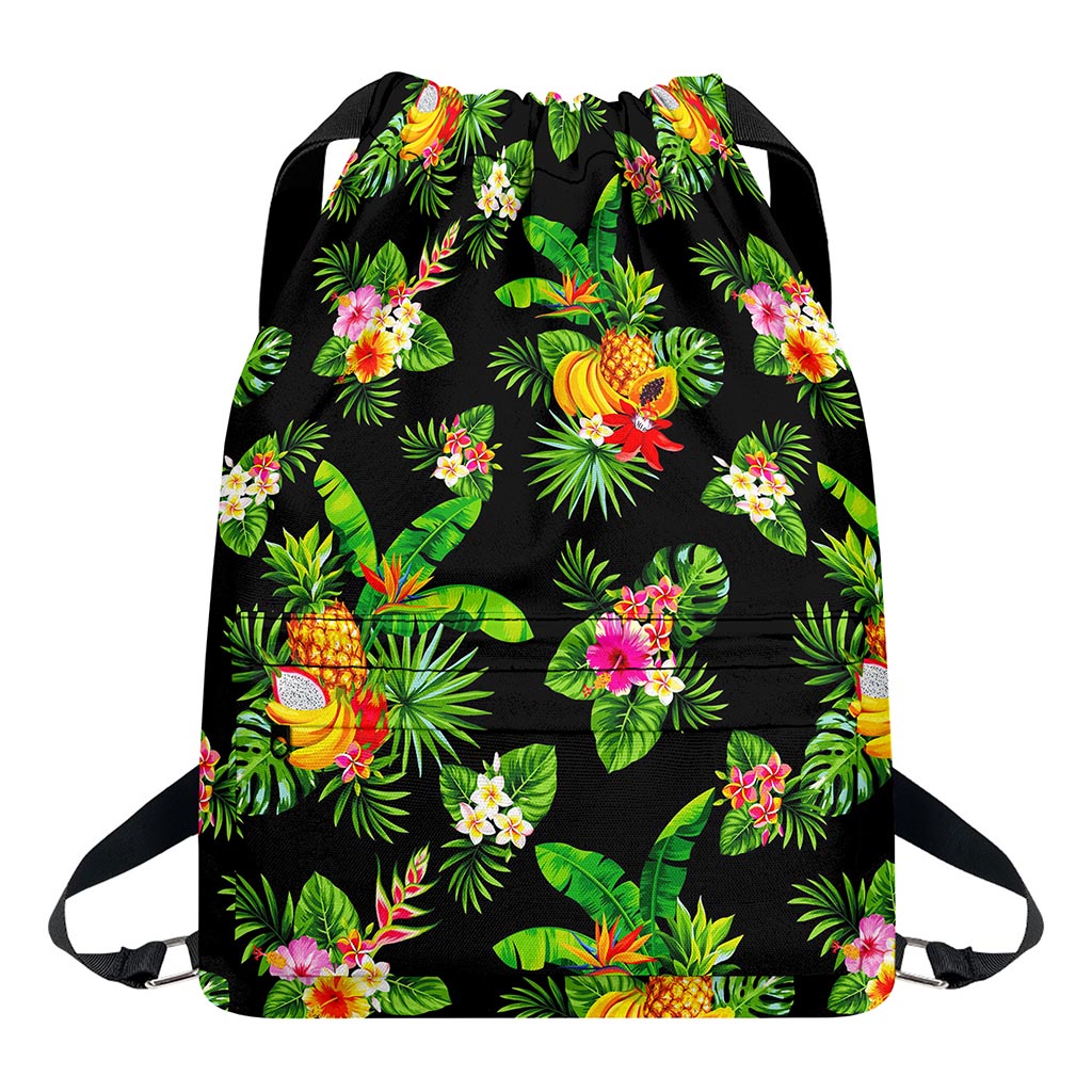 Black Tropical Hawaiian Pattern Print Drawstring Backpack