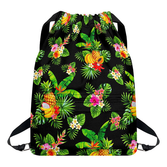 Black Tropical Hawaiian Pattern Print Drawstring Backpack