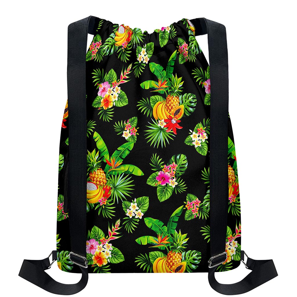 Black Tropical Hawaiian Pattern Print Drawstring Backpack