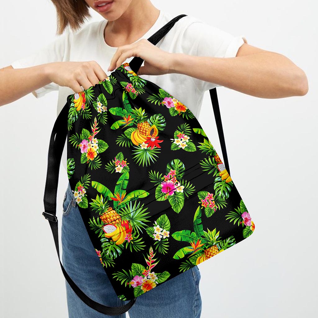 Black Tropical Hawaiian Pattern Print Drawstring Backpack