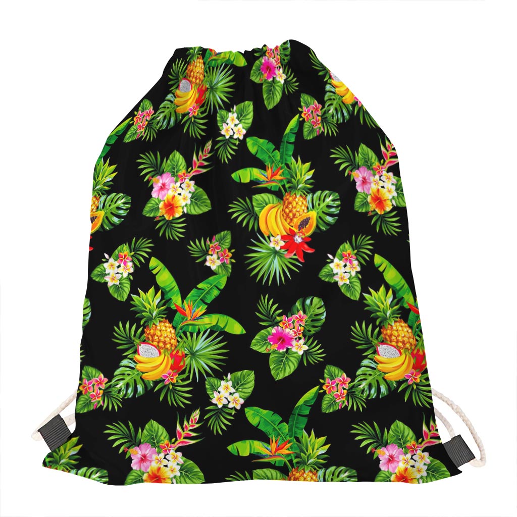Black Tropical Hawaiian Pattern Print Drawstring Bag