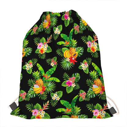 Black Tropical Hawaiian Pattern Print Drawstring Bag