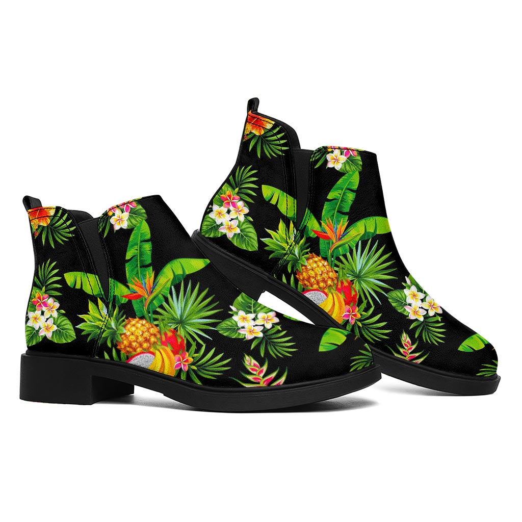 Black Tropical Hawaiian Pattern Print Flat Ankle Boots