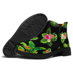 Black Tropical Hawaiian Pattern Print Flat Ankle Boots
