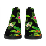 Black Tropical Hawaiian Pattern Print Flat Ankle Boots