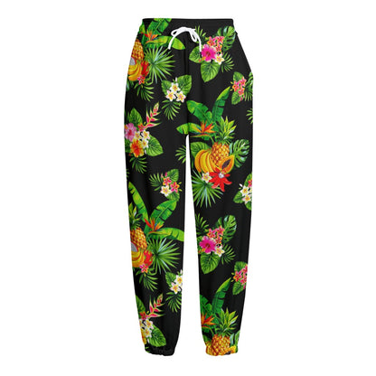 Black Tropical Hawaiian Pattern Print Fleece Lined Knit Pants