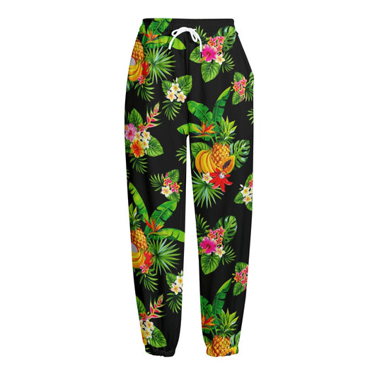 Black Tropical Hawaiian Pattern Print Fleece Lined Knit Pants