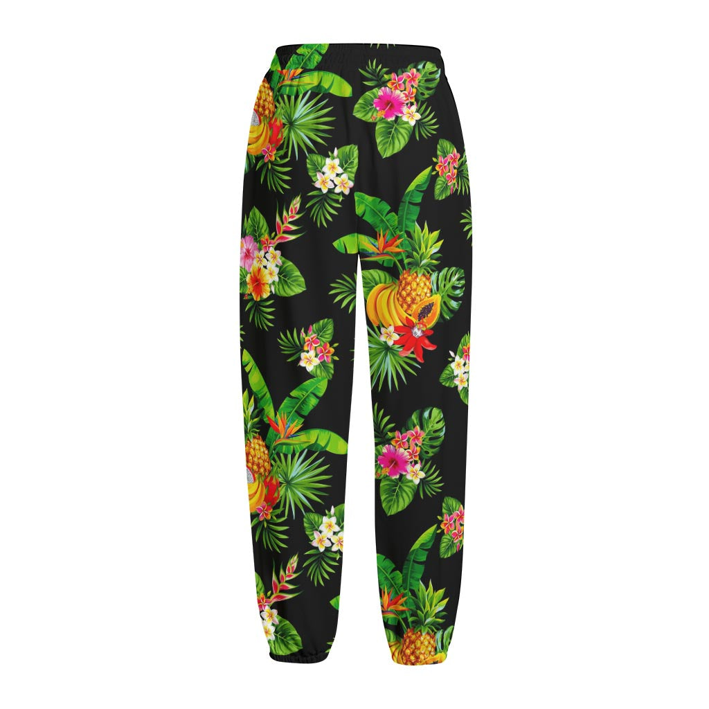 Black Tropical Hawaiian Pattern Print Fleece Lined Knit Pants