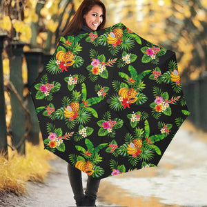 Black Tropical Hawaiian Pattern Print Foldable Umbrella