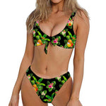 Black Tropical Hawaiian Pattern Print Front Bow Tie Bikini