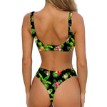 Black Tropical Hawaiian Pattern Print Front Bow Tie Bikini