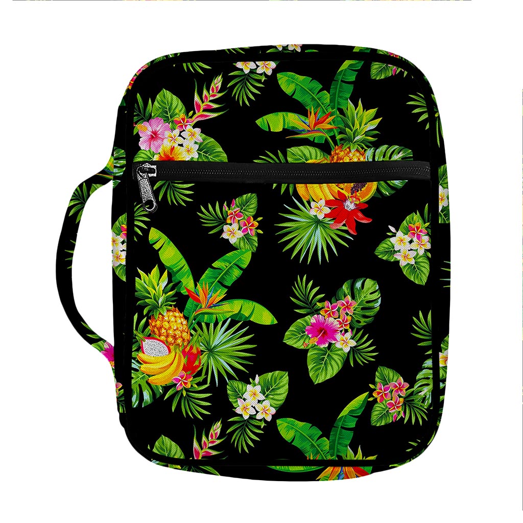 Black Tropical Hawaiian Pattern Print Front Pocket Bible Bag