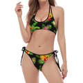 Black Tropical Hawaiian Pattern Print Halter Scoop Tie Side Bikini