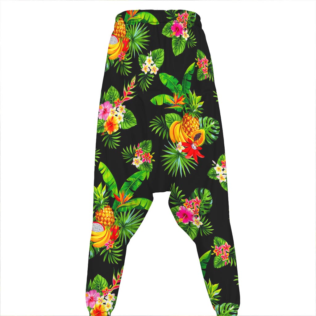 Black Tropical Hawaiian Pattern Print Hammer Pants