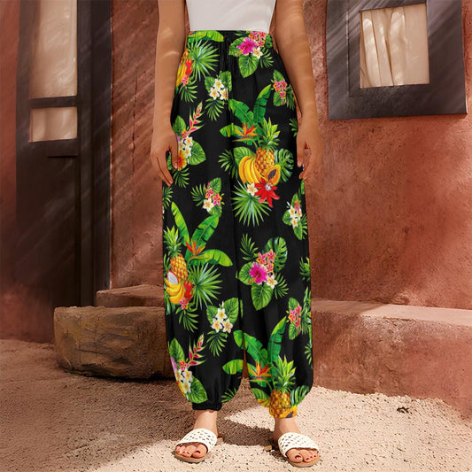 Black Tropical Hawaiian Pattern Print Harem Pants