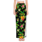 Black Tropical Hawaiian Pattern Print High Slit Maxi Skirt
