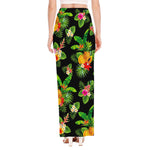 Black Tropical Hawaiian Pattern Print High Slit Maxi Skirt