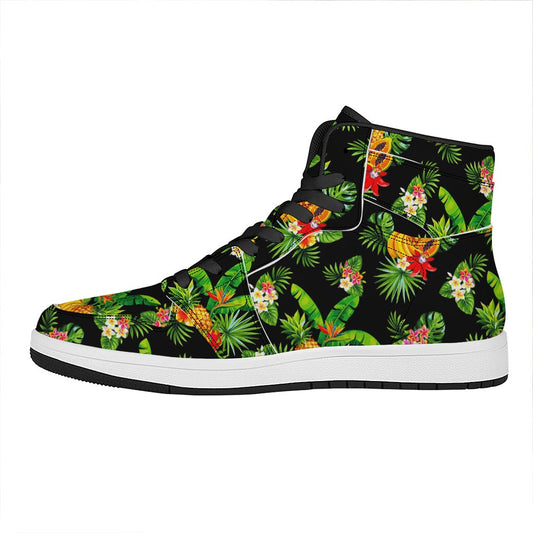 Black Tropical Hawaiian Pattern Print High Top Leather Sneakers