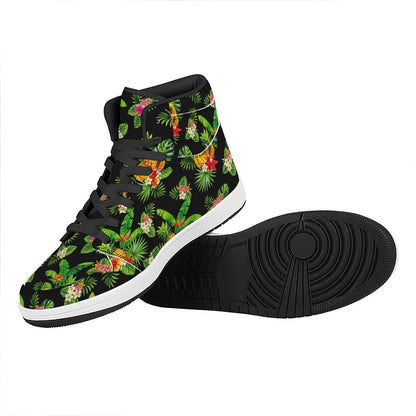Black Tropical Hawaiian Pattern Print High Top Leather Sneakers