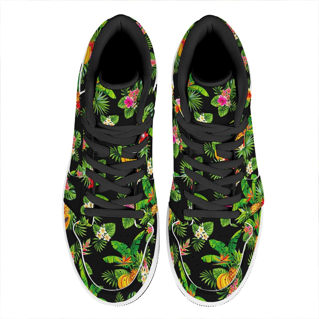 Black Tropical Hawaiian Pattern Print High Top Leather Sneakers