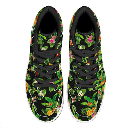 Black Tropical Hawaiian Pattern Print High Top Leather Sneakers