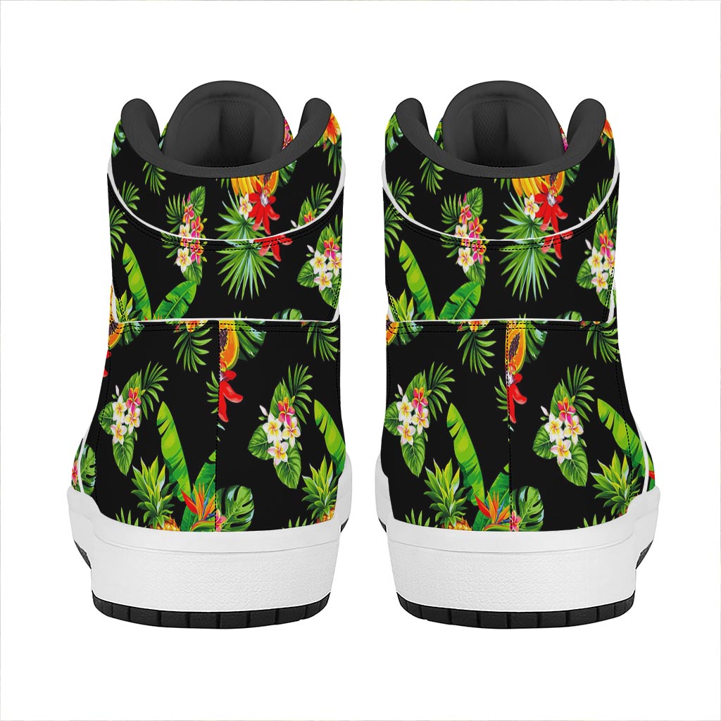 Black Tropical Hawaiian Pattern Print High Top Leather Sneakers