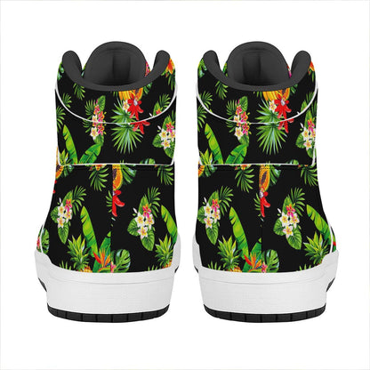 Black Tropical Hawaiian Pattern Print High Top Leather Sneakers