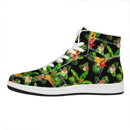 Black Tropical Hawaiian Pattern Print High Top Leather Sneakers