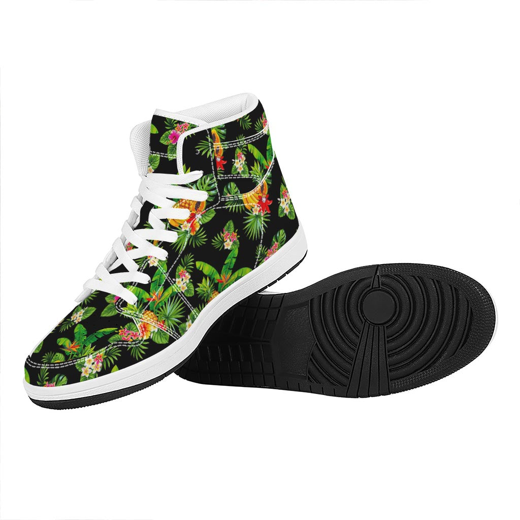 Black Tropical Hawaiian Pattern Print High Top Leather Sneakers