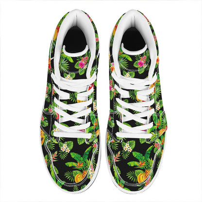 Black Tropical Hawaiian Pattern Print High Top Leather Sneakers
