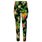 Black Tropical Hawaiian Pattern Print High-Waisted Pocket Leggings