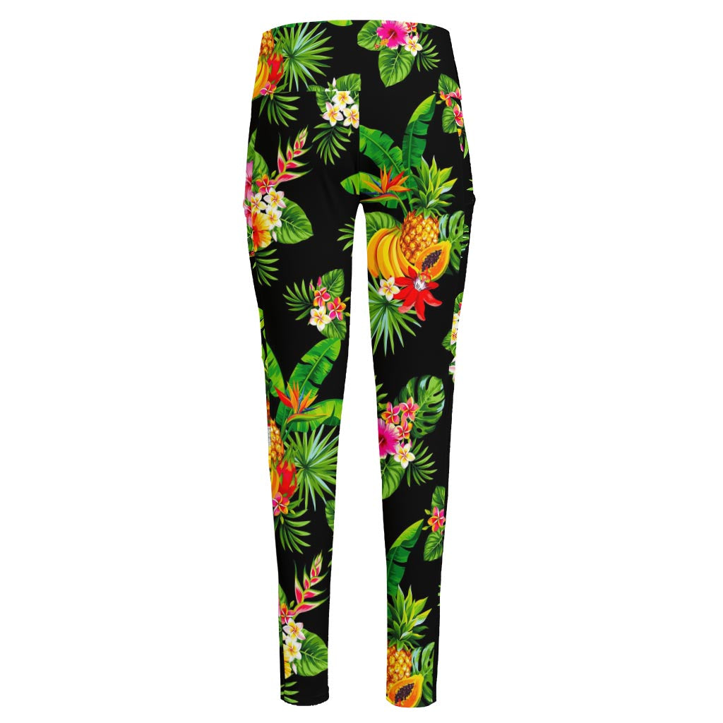 Black Tropical Hawaiian Pattern Print High-Waisted Pocket Leggings