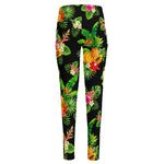 Black Tropical Hawaiian Pattern Print High-Waisted Pocket Leggings