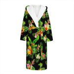 Black Tropical Hawaiian Pattern Print Hooded Bathrobe