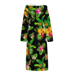 Black Tropical Hawaiian Pattern Print Hooded Bathrobe