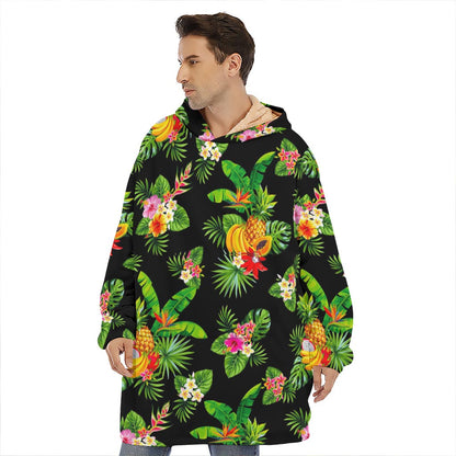 Black Tropical Hawaiian Pattern Print Hoodie Blanket