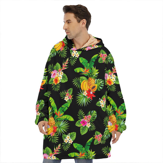 Black Tropical Hawaiian Pattern Print Hoodie Blanket