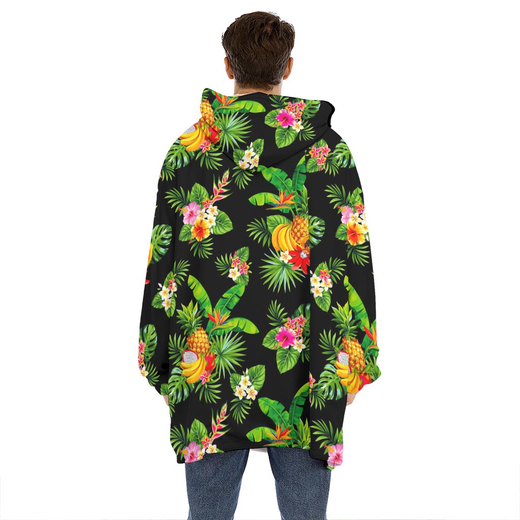 Black Tropical Hawaiian Pattern Print Hoodie Blanket