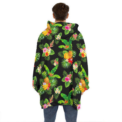 Black Tropical Hawaiian Pattern Print Hoodie Blanket