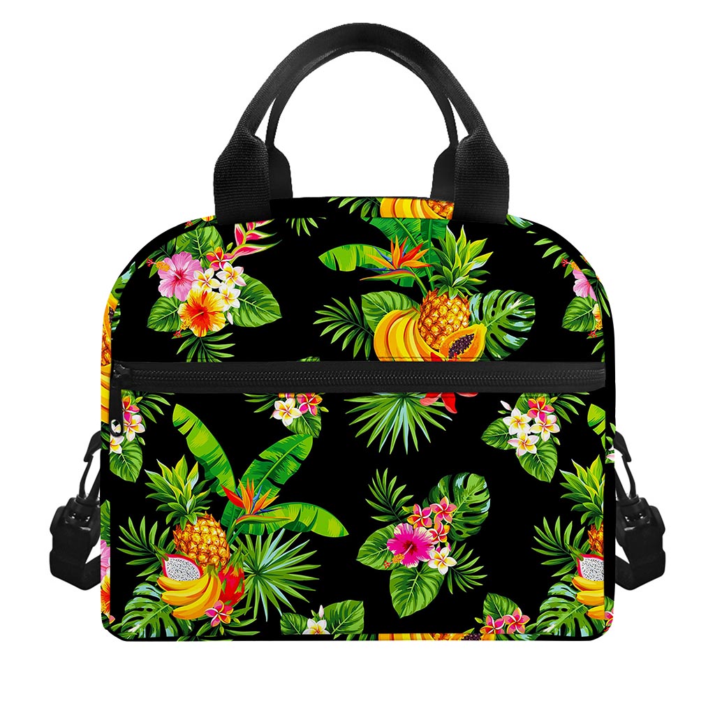 Black Tropical Hawaiian Pattern Print Insulated Lunch Bag